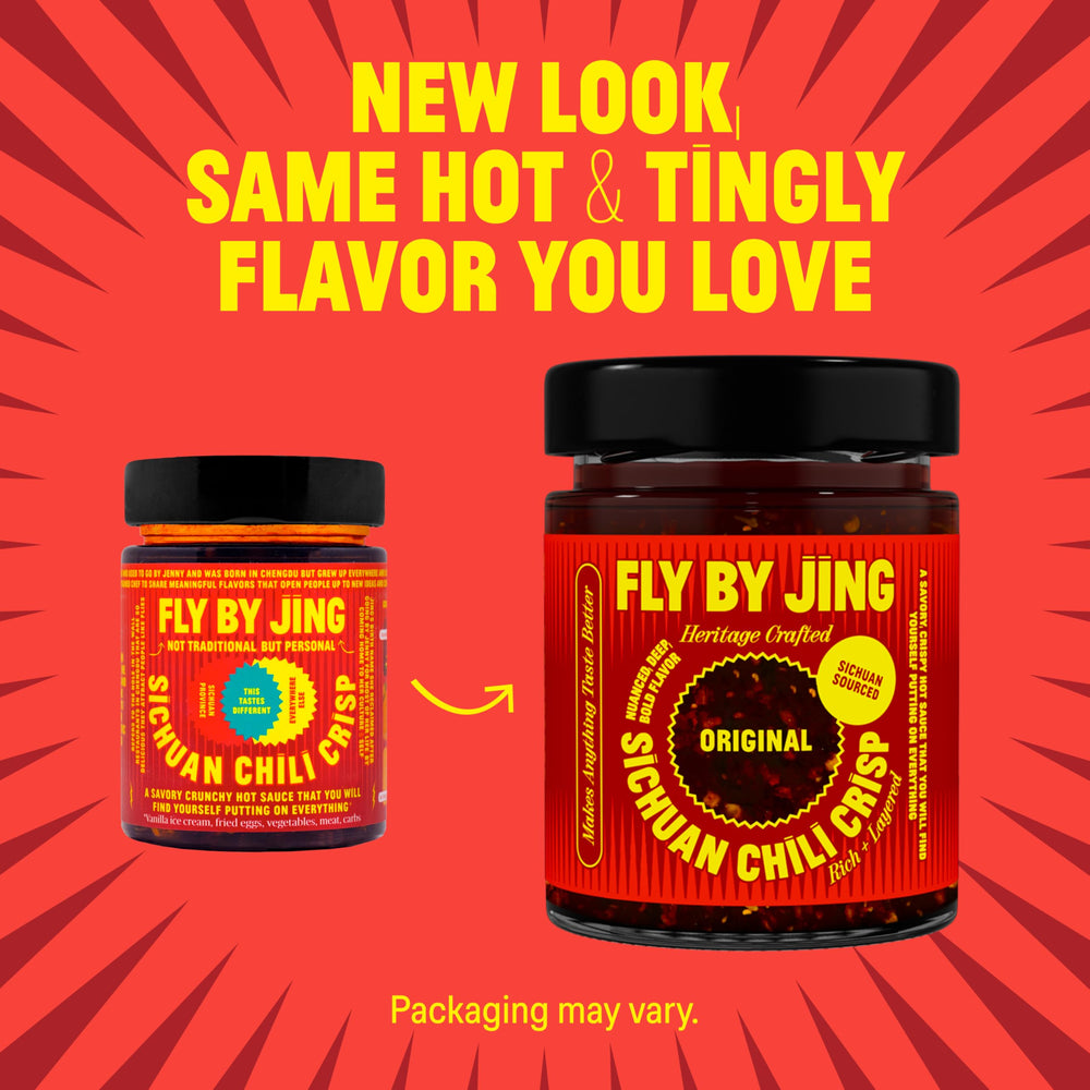 FLYBYJING XL ingredients display with Erjingtiao chilies and peppercorns for provenance