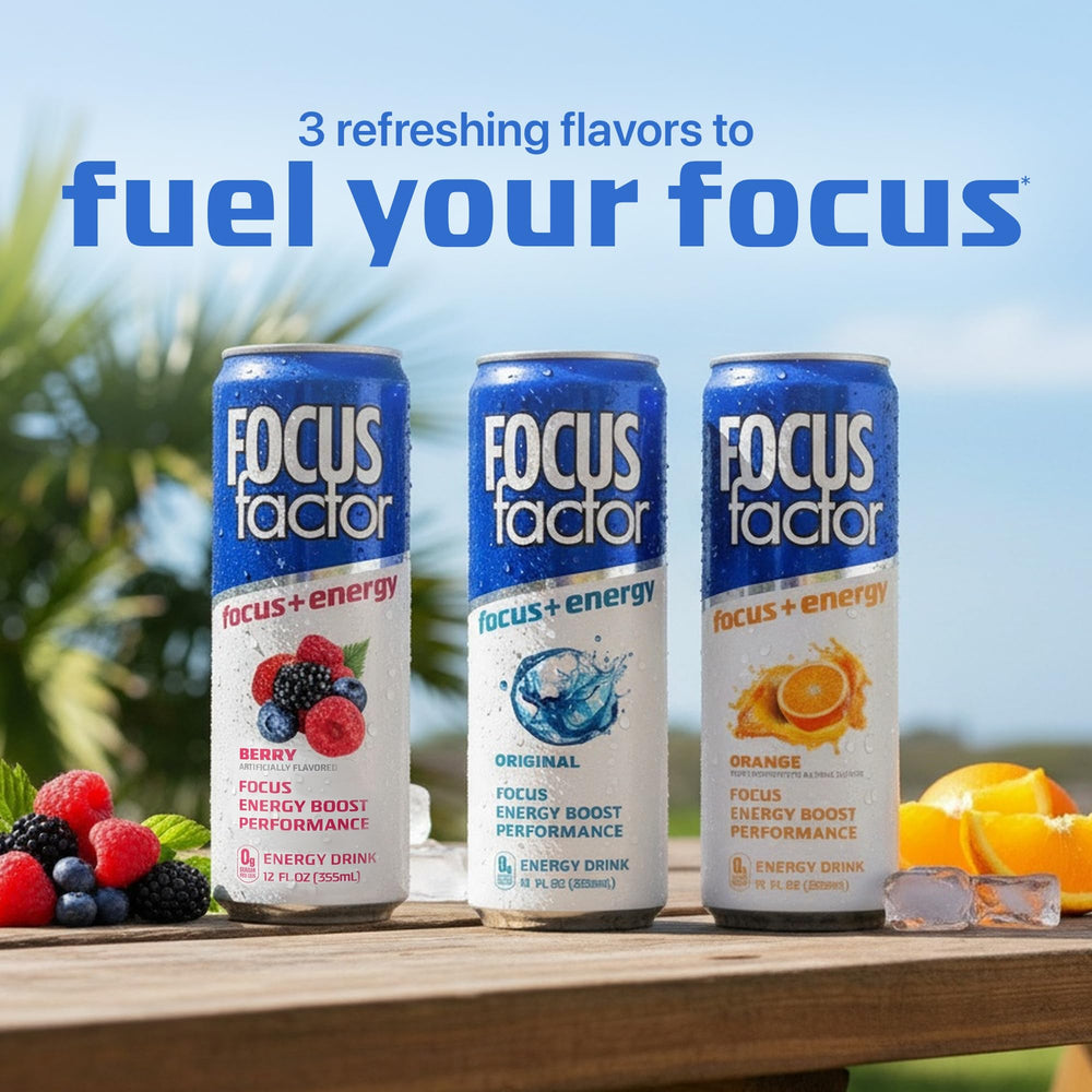 Focus Factor can beside a phone showing scale and convenient single-serve benefit