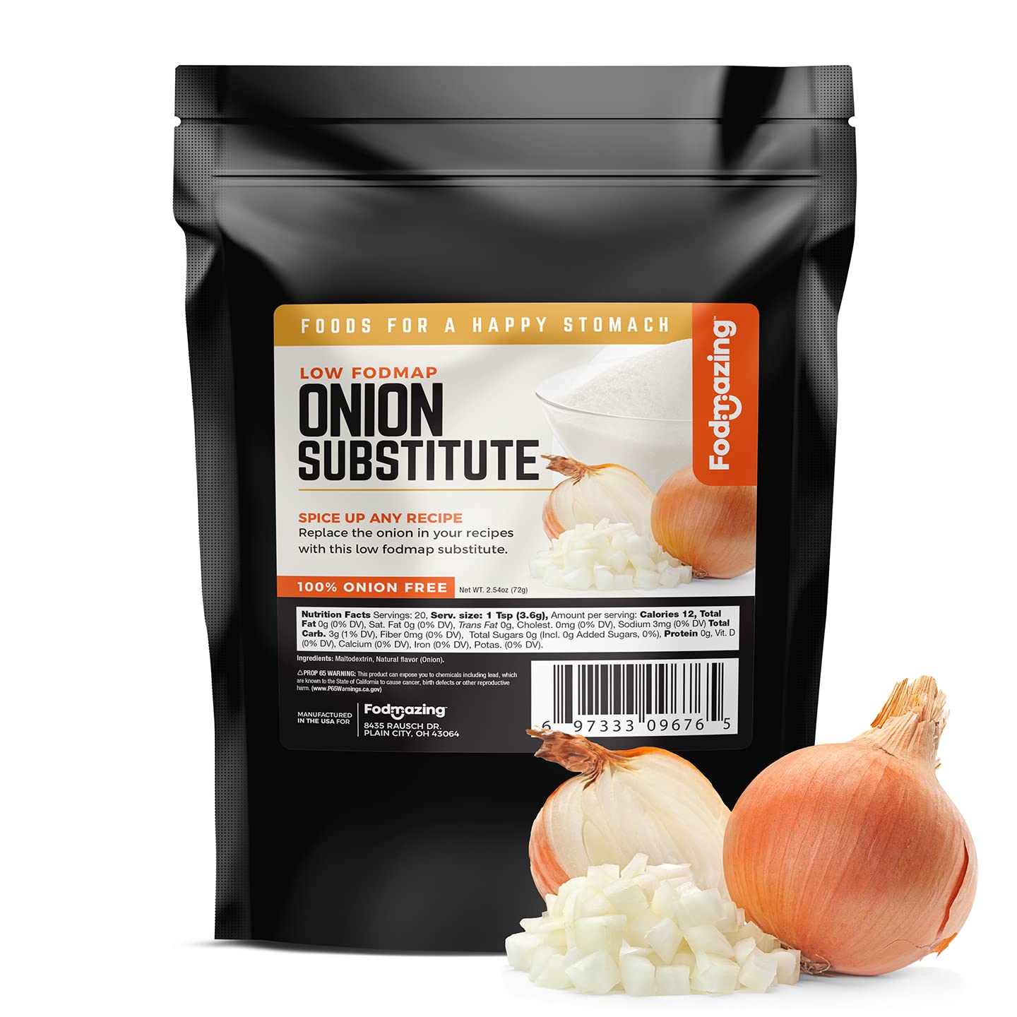 Fodmazing front packaging shows label and 20-serving size benefit