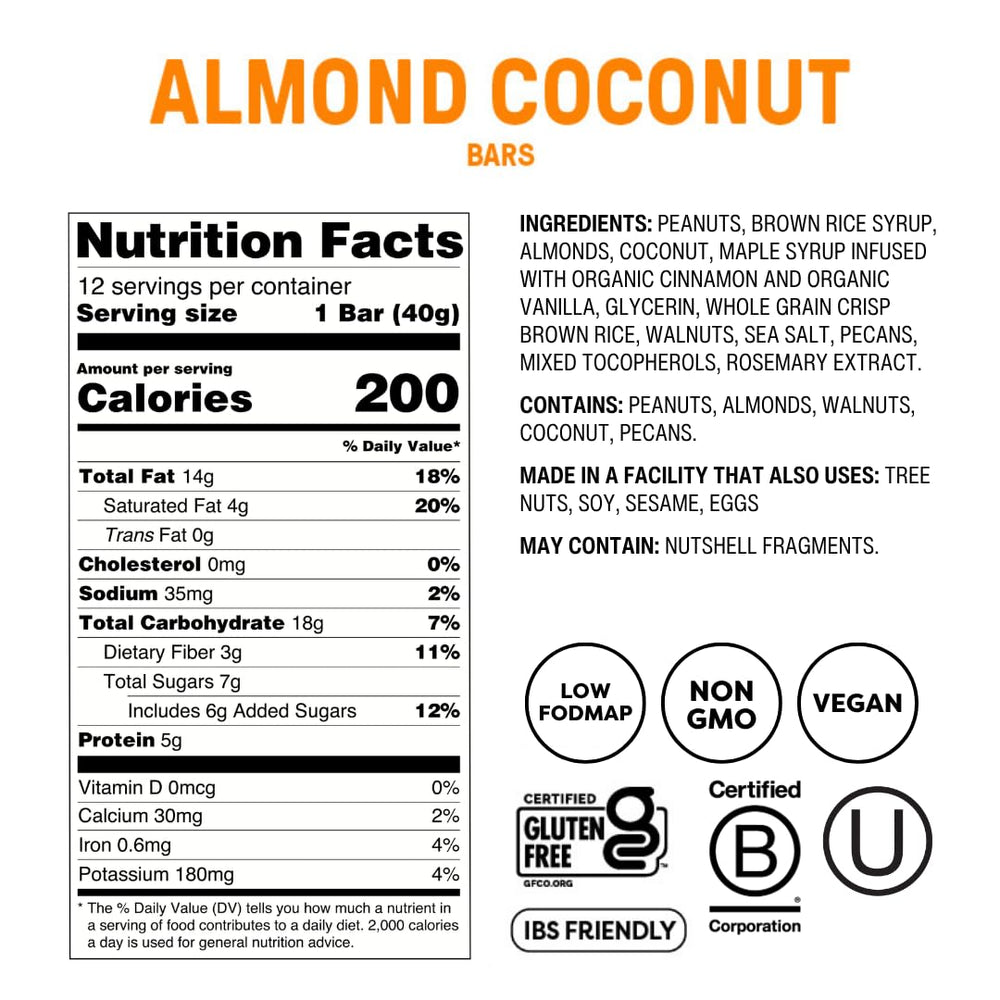 Fody unwrapped Almond Coconut bar close-up showing crunch and gentle texture for snacking