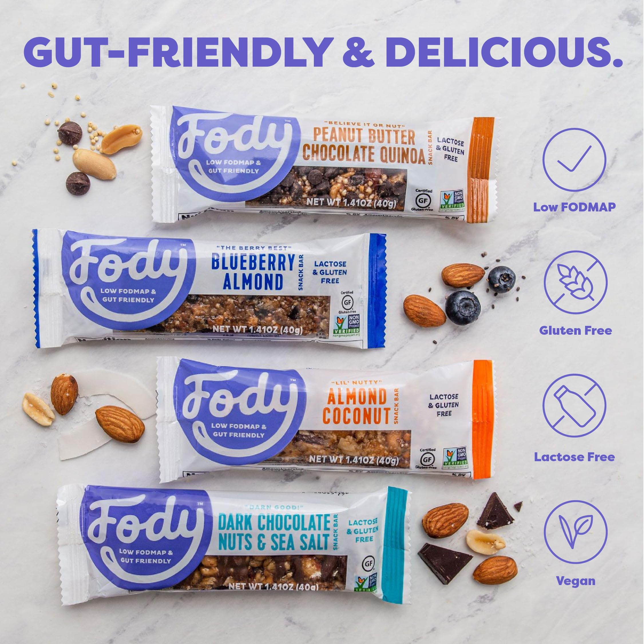Fody ingredients spread with almonds, walnuts, pecans and toasted coconut showcasing real ingredients