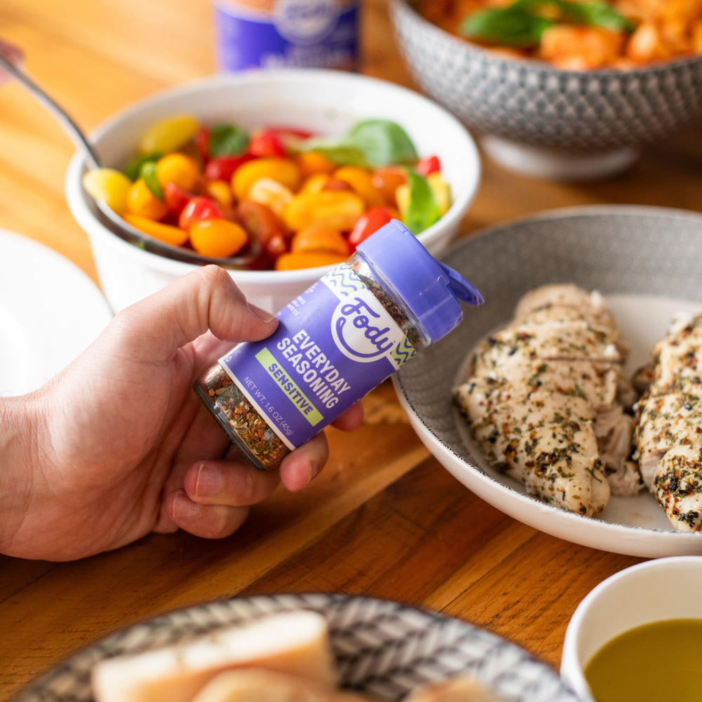 Fody seasoning used on marinated chicken showing easy, gut-friendly meal enhancement