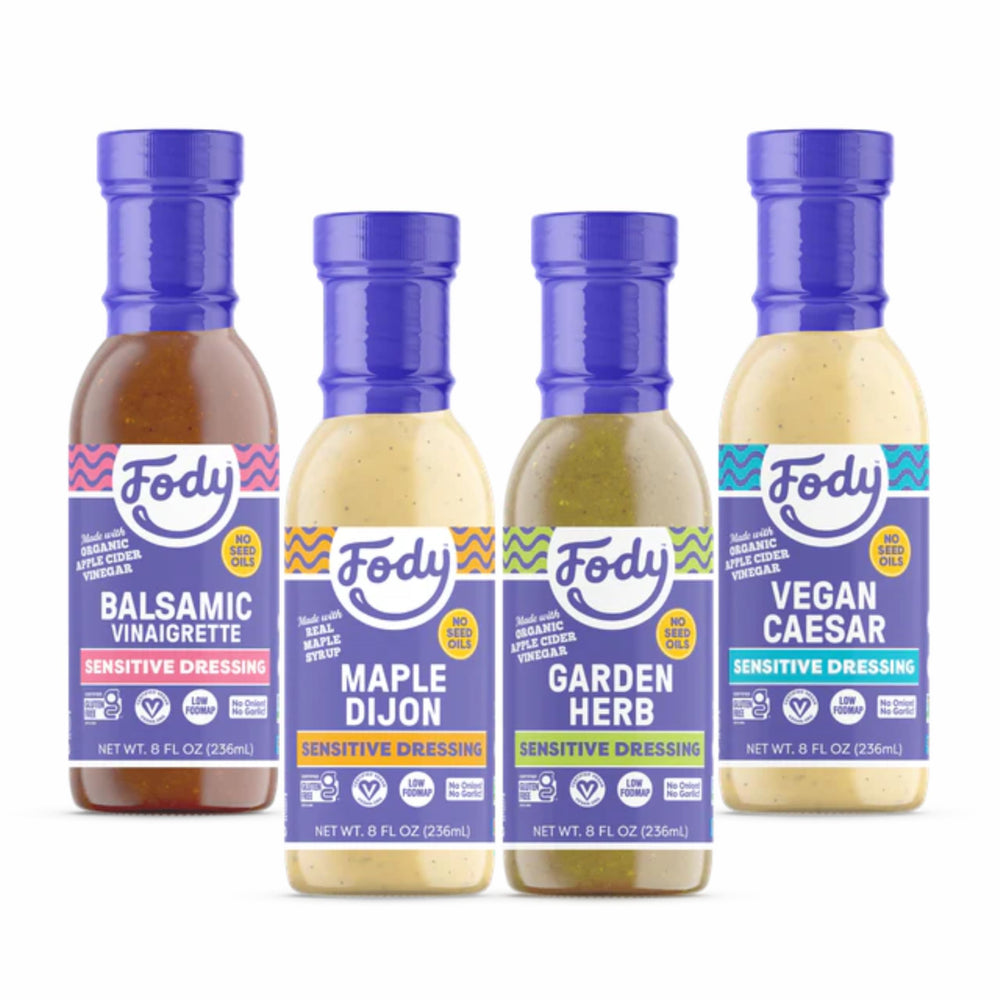 Fody front packaging showing four bottles and clear product variety and benefits