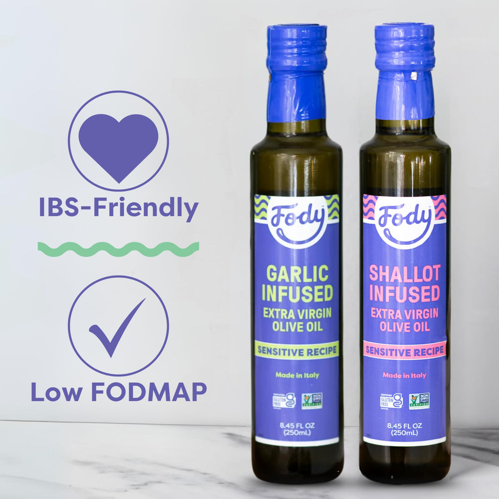 Fody oil bottle next to measuring spoon showing 8.45 oz scale benefit