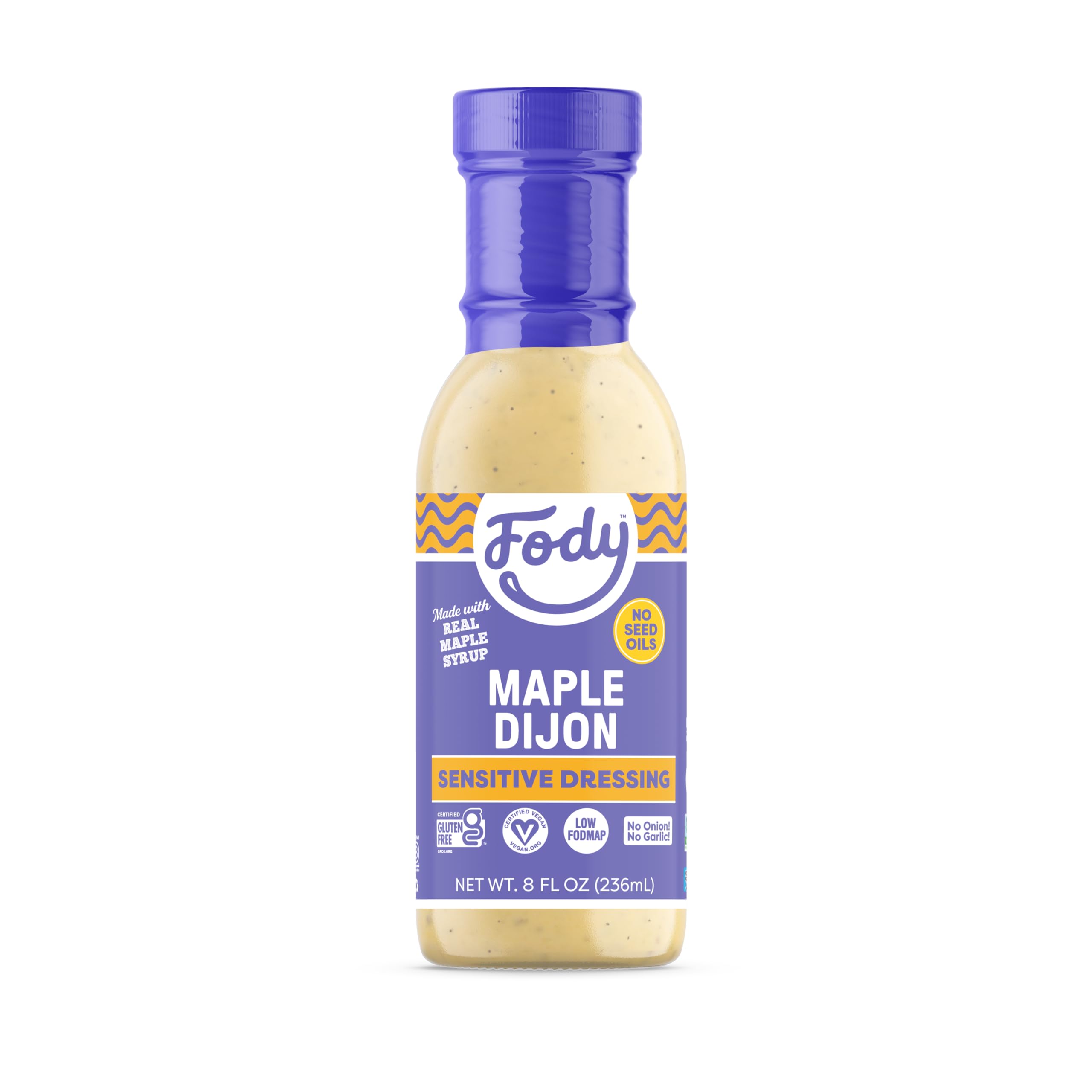 Fody front packaging showing bottle and label, highlights low FODMAP benefit
