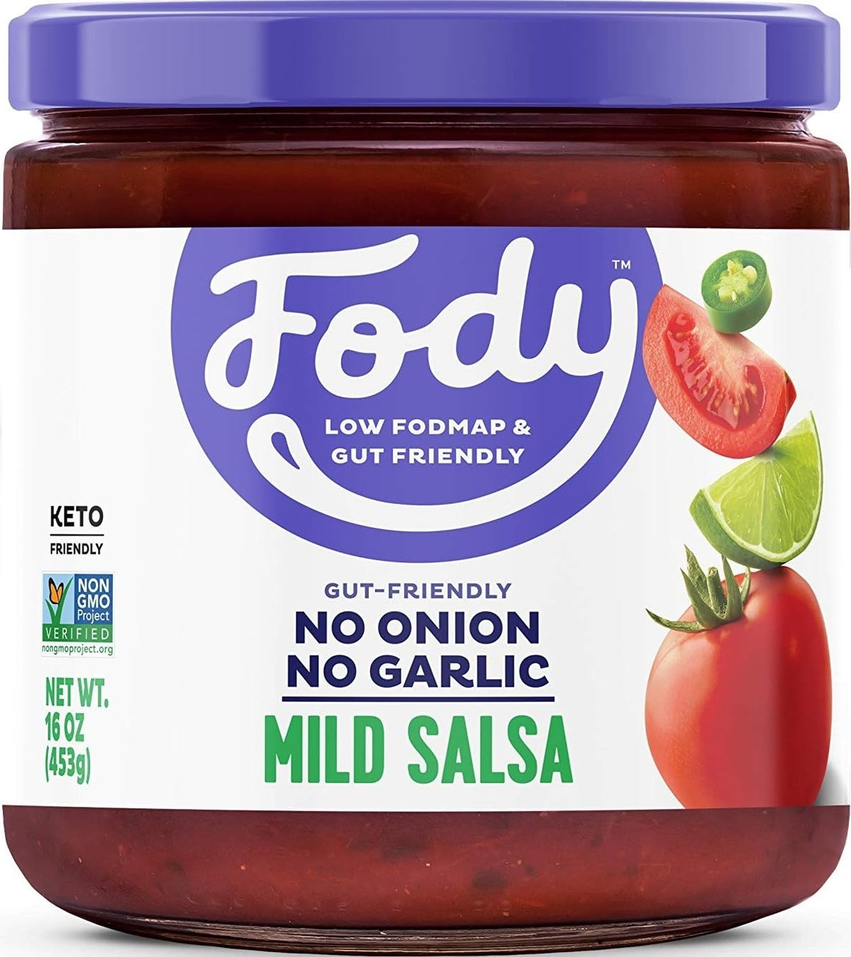 Fody mild salsa front jar showing label and certification benefits