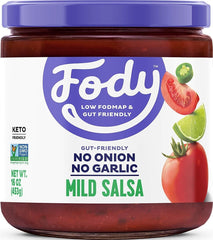 Fody mild salsa front jar showing label and certification benefits