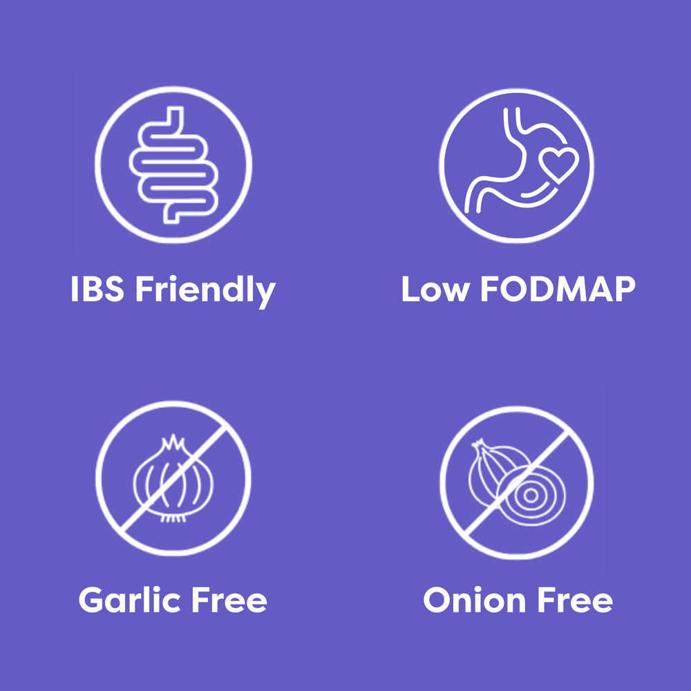 Fody labeled ingredients panel visible with certifications, showing low FODMAP reassurance