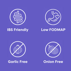 Fody labeled ingredients panel visible with certifications, showing low FODMAP reassurance
