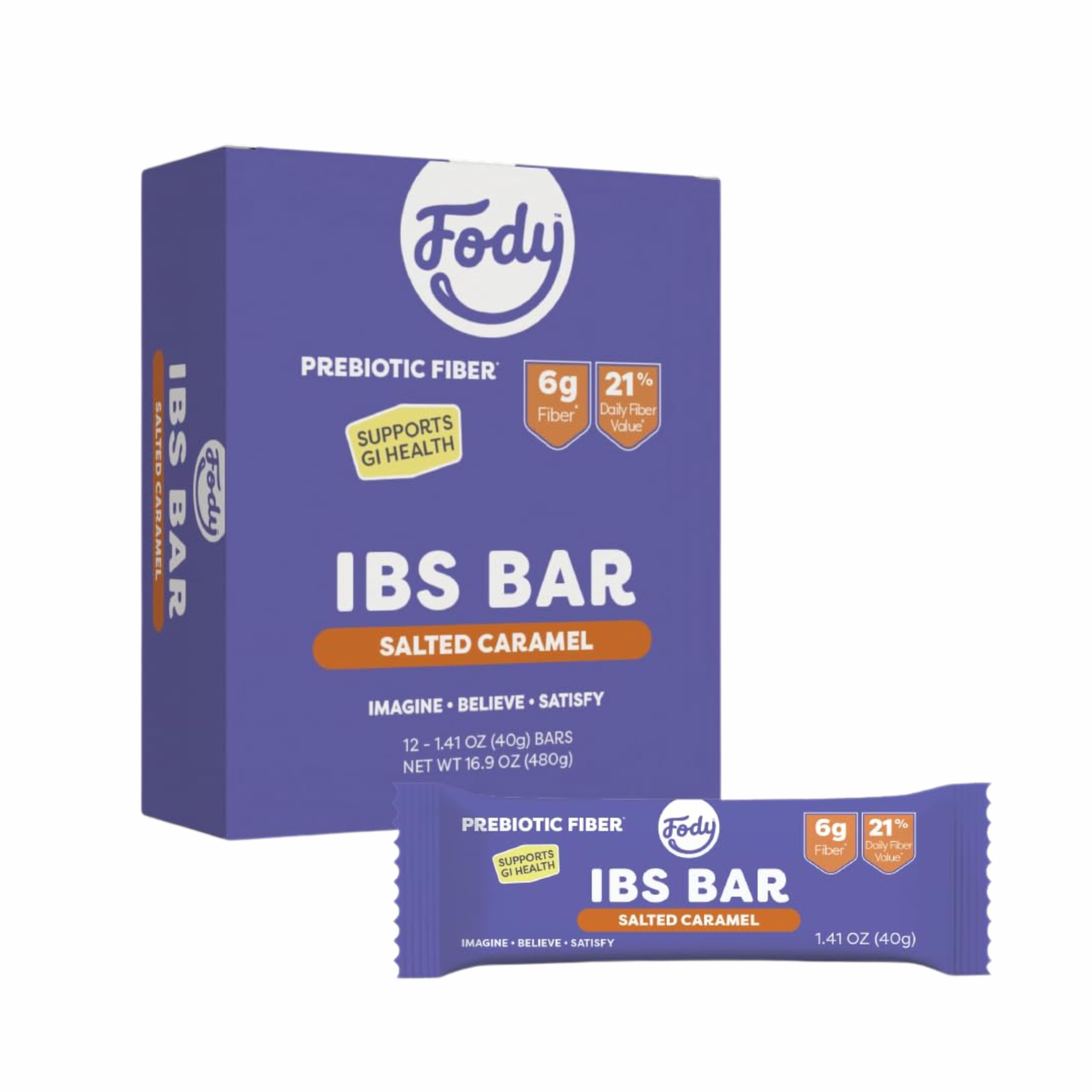 Fody front packaging showing salted caramel bars, convenient IBS-friendly snack