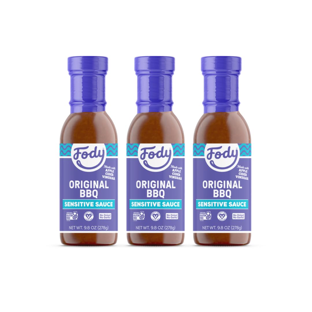Fody Vegan BBQ Sauce front packaging showing three bottles and labels for low FODMAP benefit