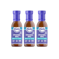 Fody Vegan BBQ Sauce front packaging showing three bottles and labels for low FODMAP benefit