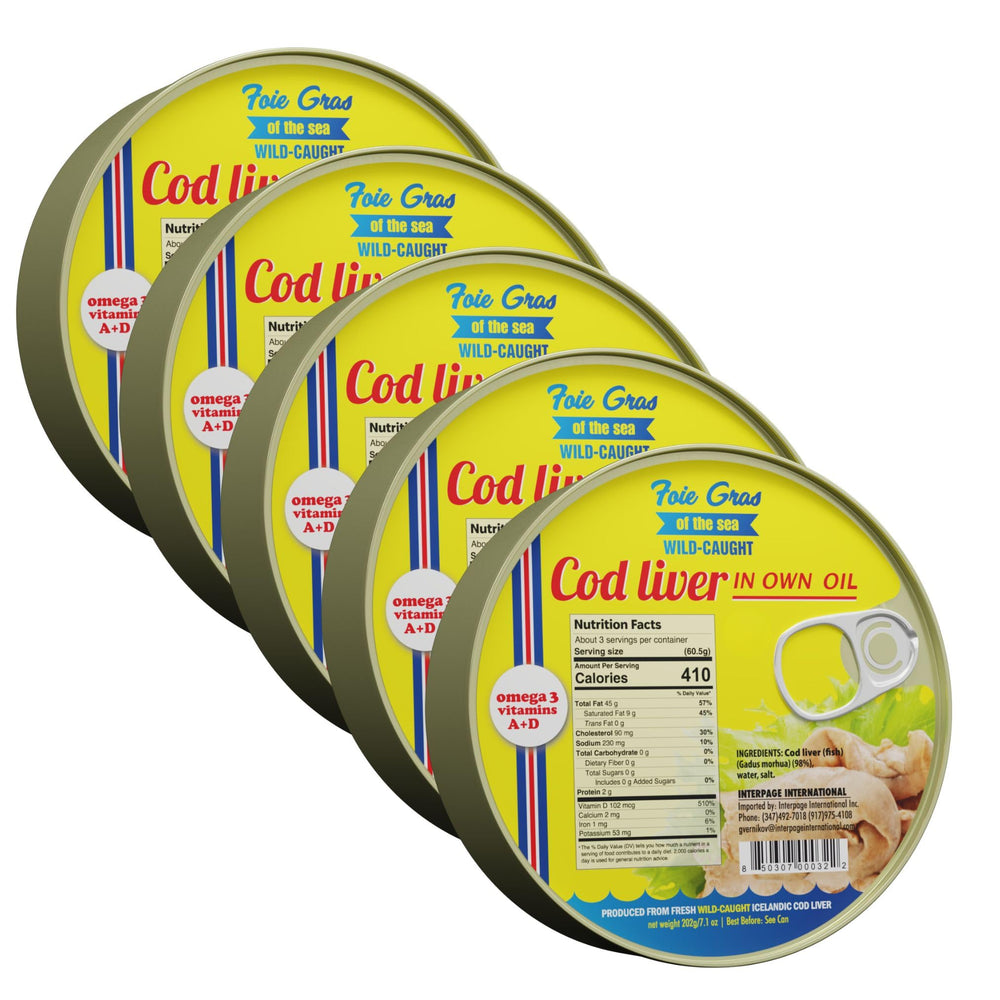 Foie Gras of the Sea front packaging showing five 7.1 oz cans and brand label, premium pantry staple