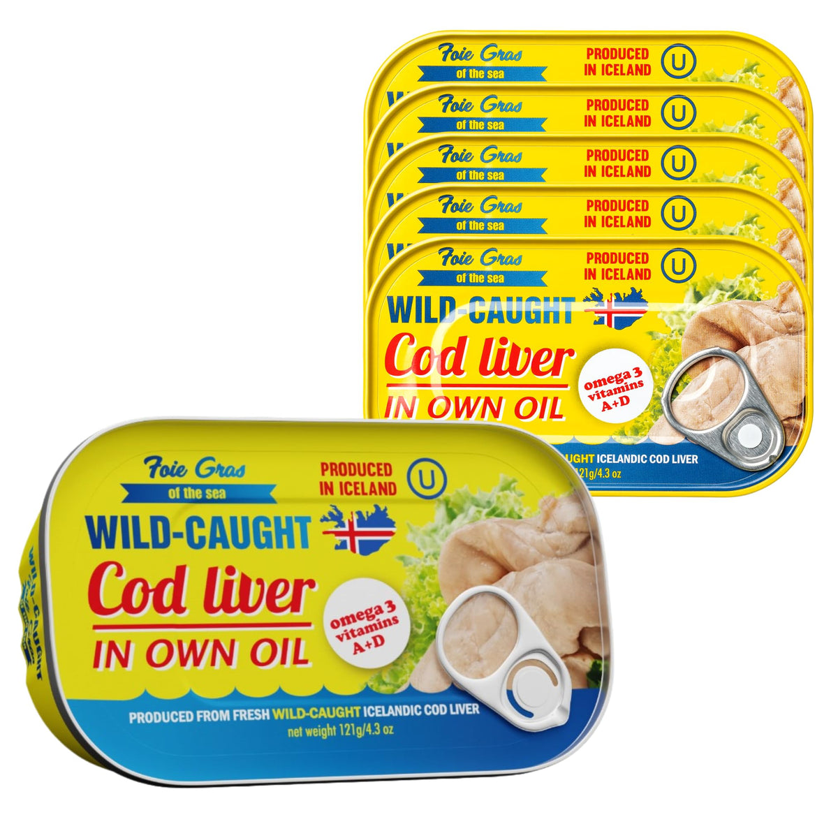 Foie Gras of the Sea front packaging showing six tins and premium branding