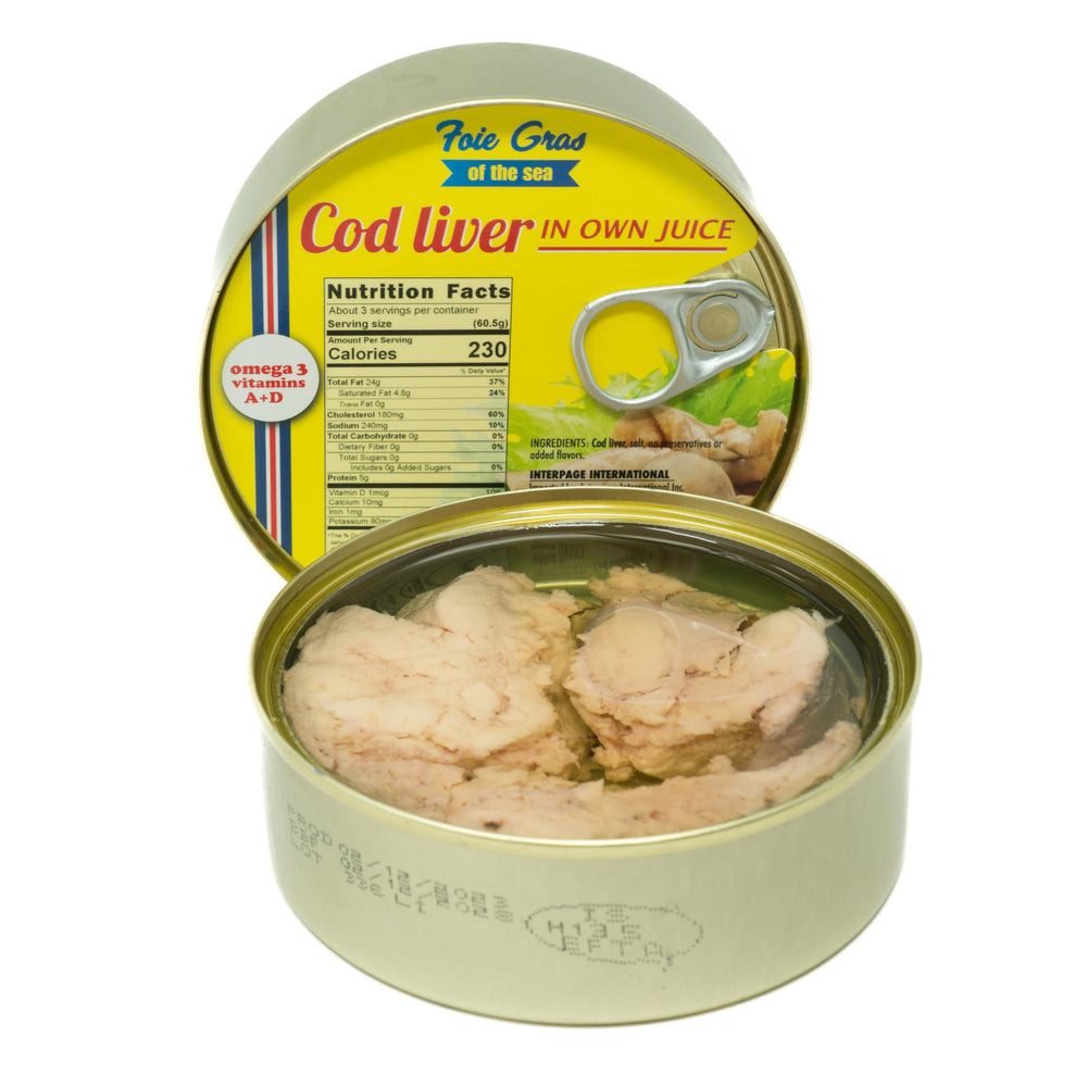 Foie Gras of the Sea open can with cod liver in its own oil, glossy finish and ready-to-eat convenience