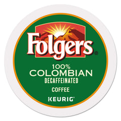 Folgers 100% Colombian Decaf front box showing 96-count and brand, convenient bulk supply