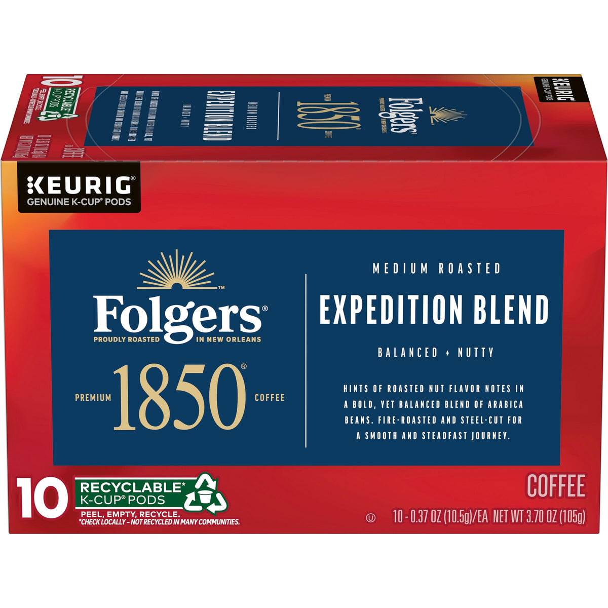 Folgers 1850 front packaging showing brand and medium roast benefit