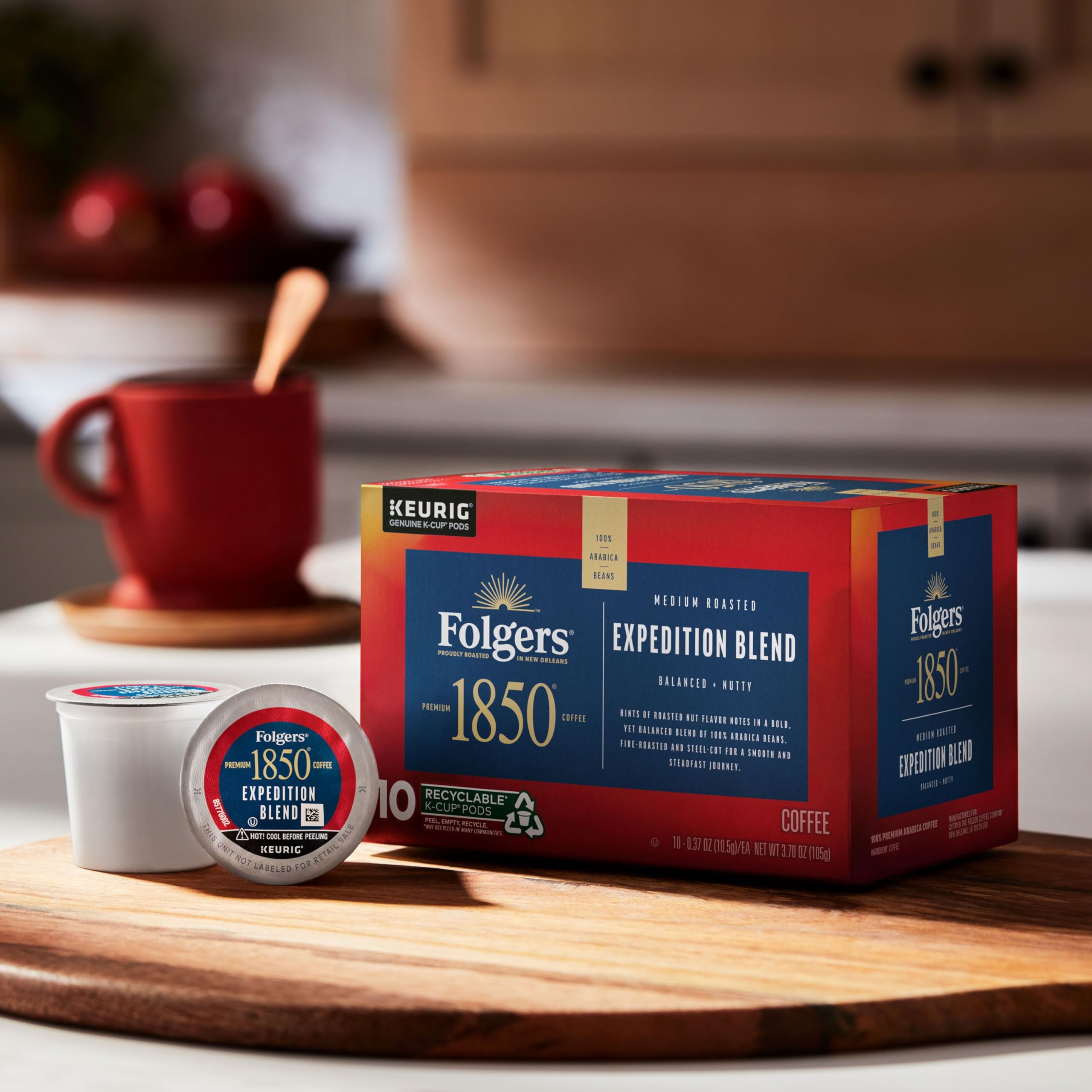 Folgers K-Cup pod close-up emphasizing easy single-serve convenience