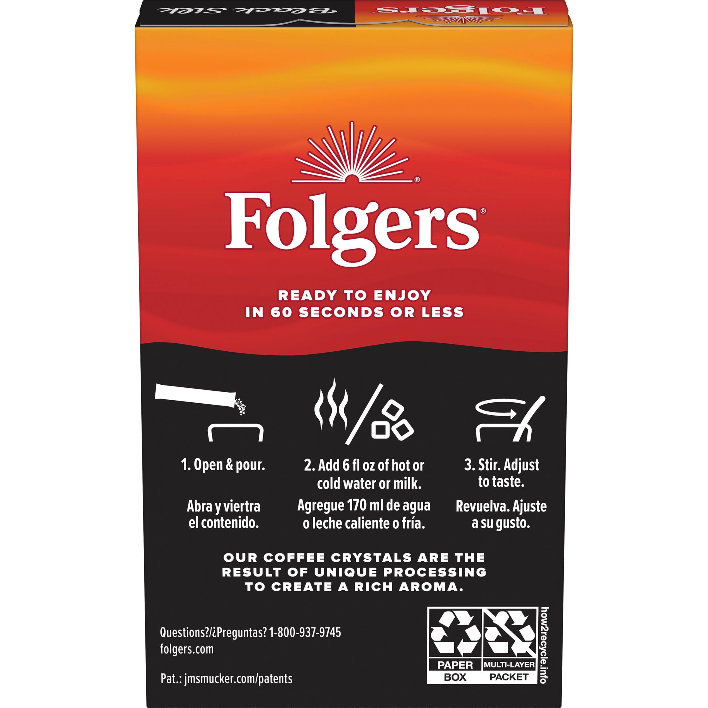 Folgers Black Silk box open with 84 packets showing bulk supply benefit