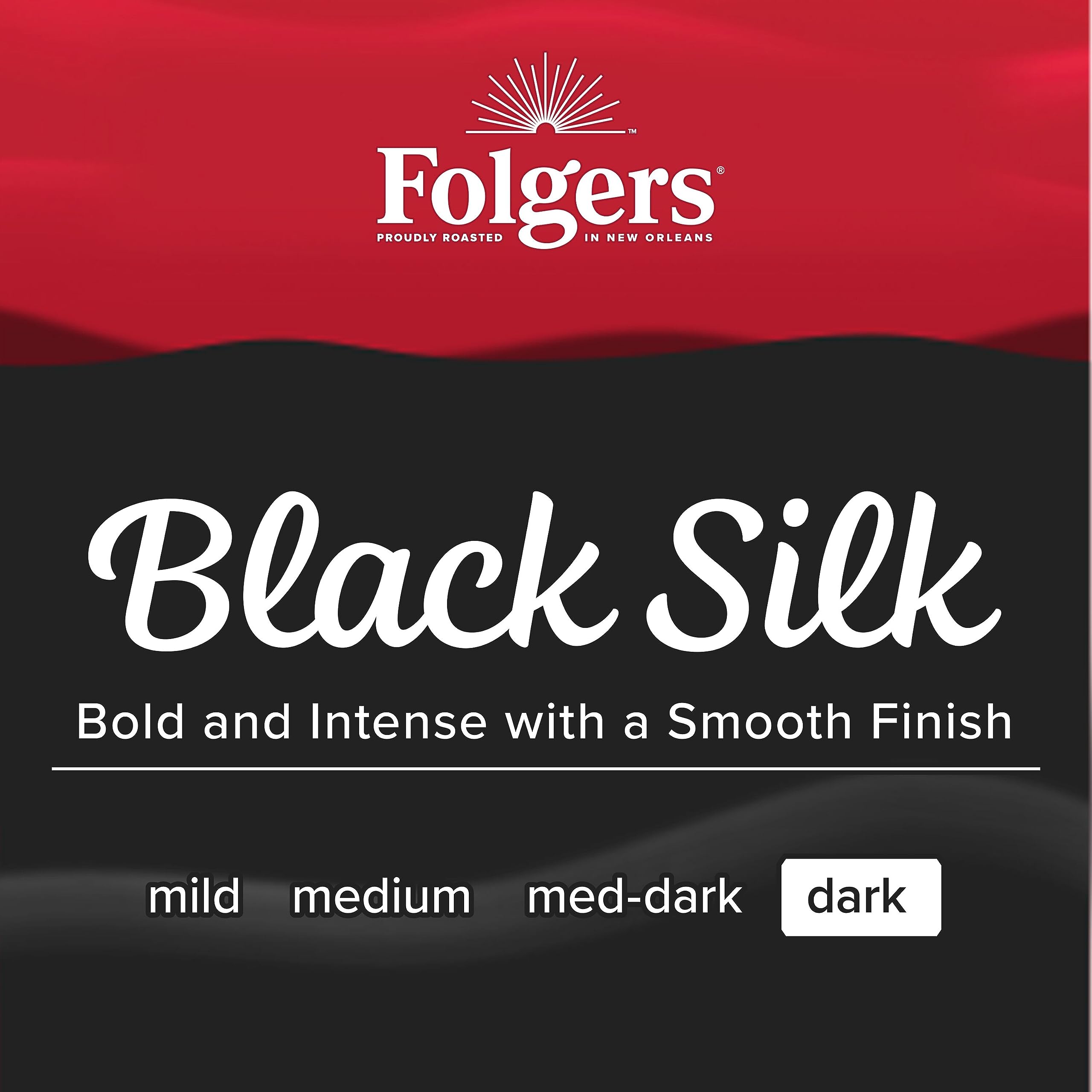 Folgers Black Silk box beside a coffee mug for scale and easy pantry storage
