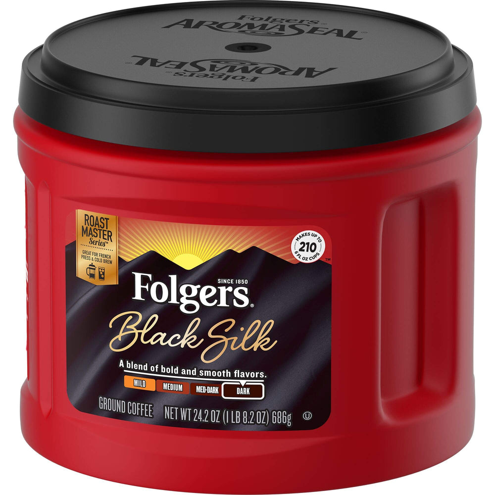 French press with Folgers Black Silk brew showcasing full-bodied smooth cup