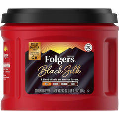 Folgers Black Silk front canister showing brand and dark roast for lasting freshness