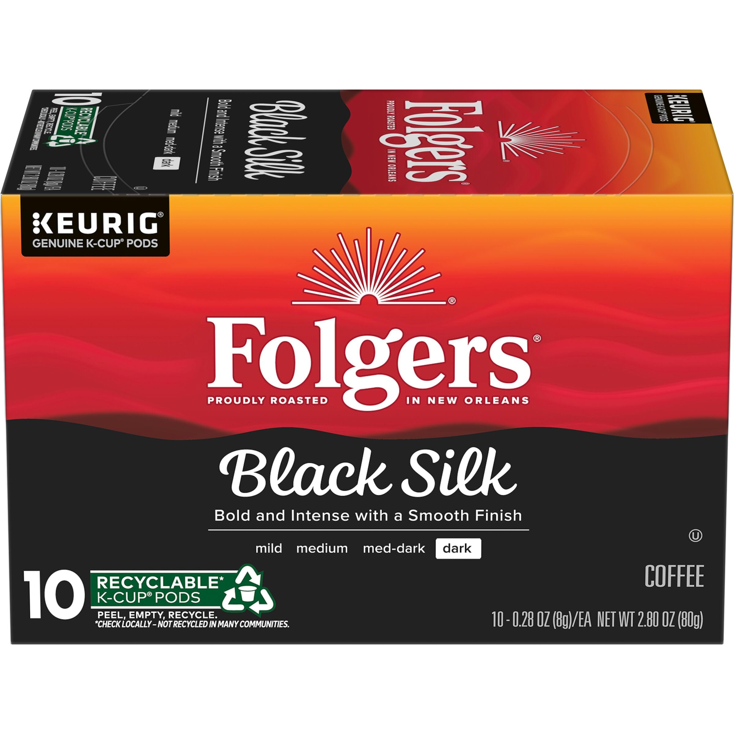Folgers Black Silk front packaging showing bold dark-roast branding and convenience