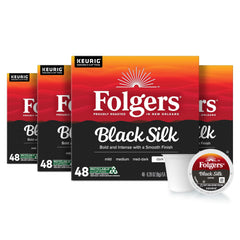 Folgers Black Silk front packaging showing bulk 192 count and bold roast benefit