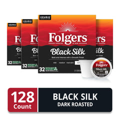 Close-up of a Folgers Black Silk K-Cup pod highlighting the sealed freshness