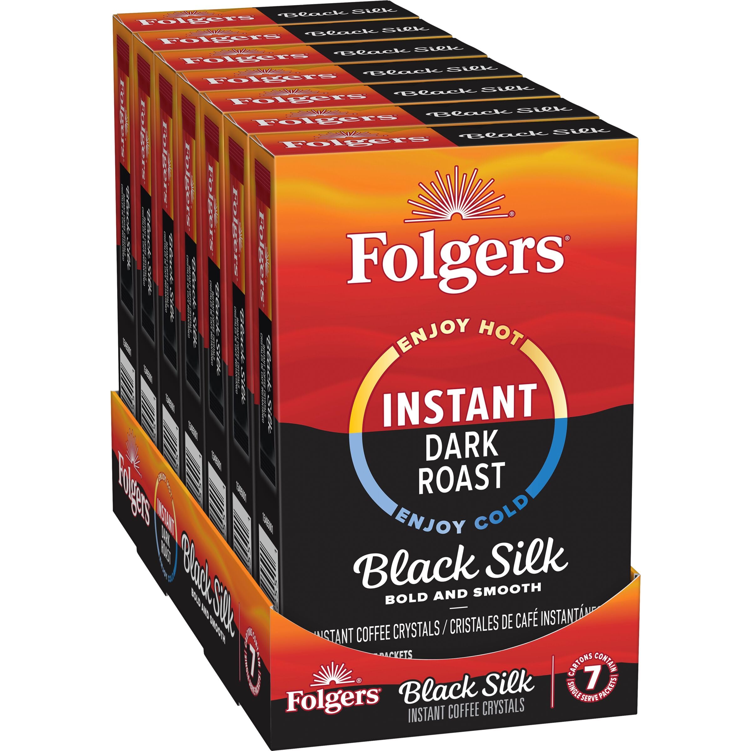 Folgers Black Silk packets inside a backpack demonstrating travel-friendly use