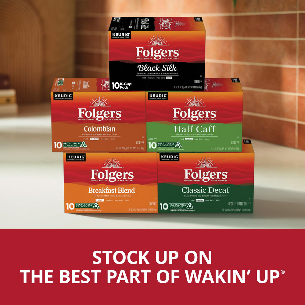 Single-serve cup beside a Folgers Black Silk pod to show serving size and strength