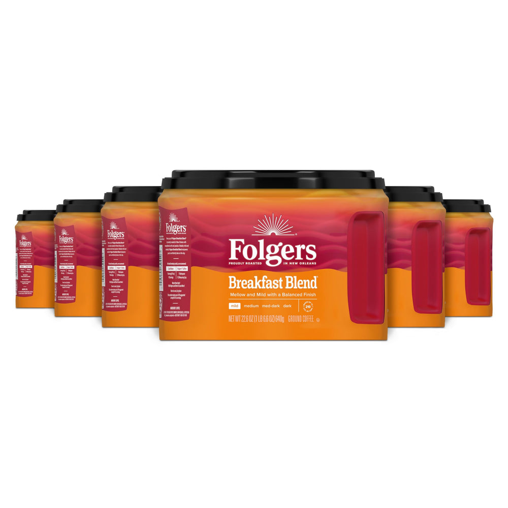 Folgers canister front showing Breakfast Blend branding and convenience