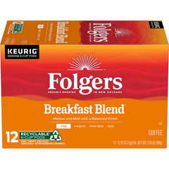 Folgers Breakfast Blend front packaging showing brand and mild roast benefits