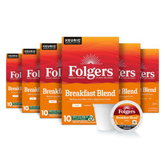 Folgers front packaging showing Breakfast Blend and benefits of mild roast