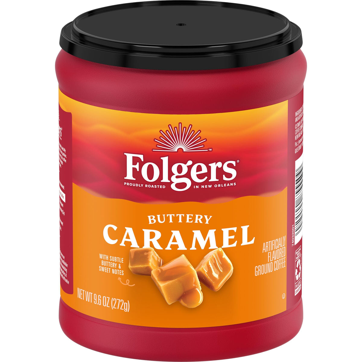 Folgers Buttery Caramel front packaging showing six canisters and label, promising convenient flavor