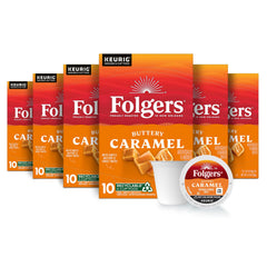Folgers Buttery Caramel front packaging showing 60-count and benefits