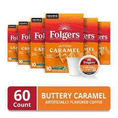 Close-up of a Folgers K-Cup pod highlighting seal and easy use benefit