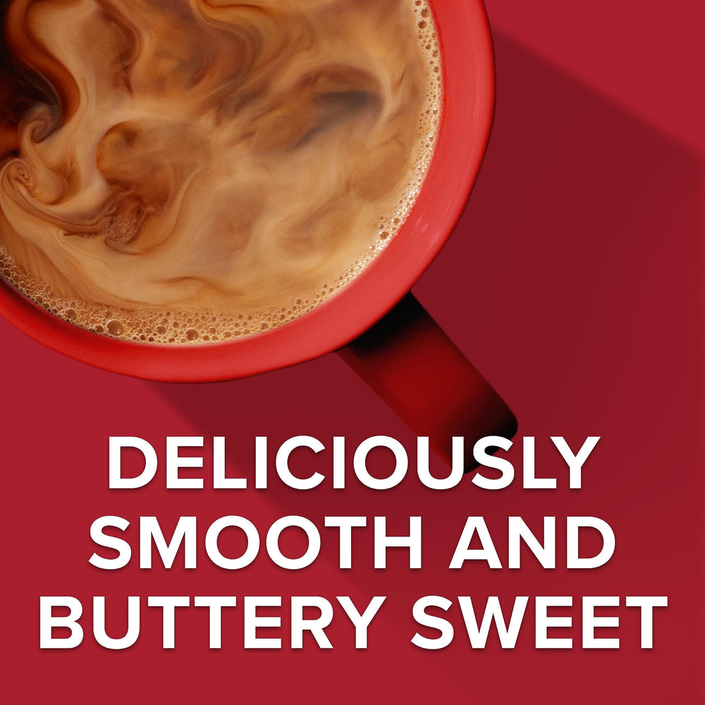 Close-up of Folgers canister label highlighting buttery caramel wording and brand clarity