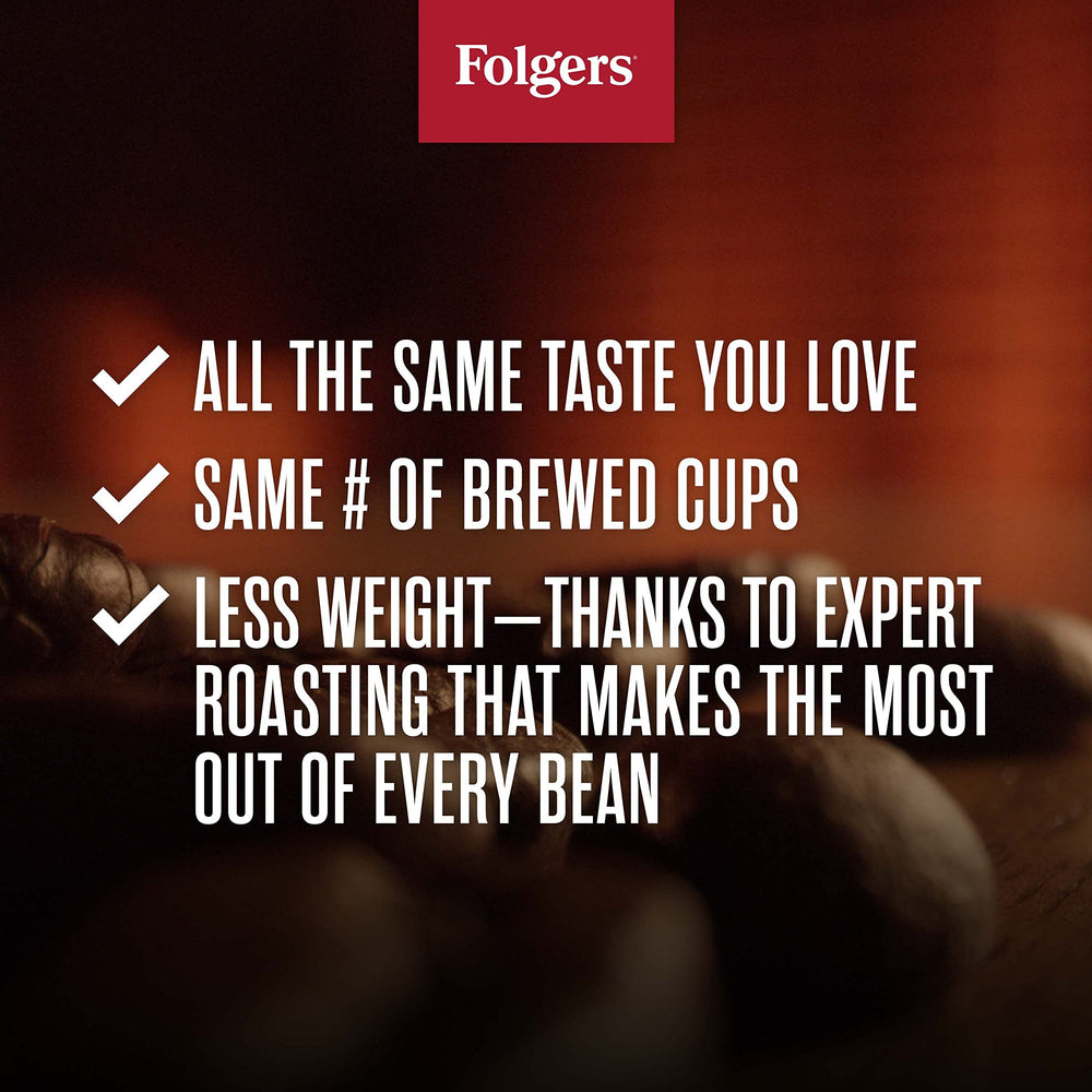 Folgers canister next to hand showing compact 9.6 ounce size