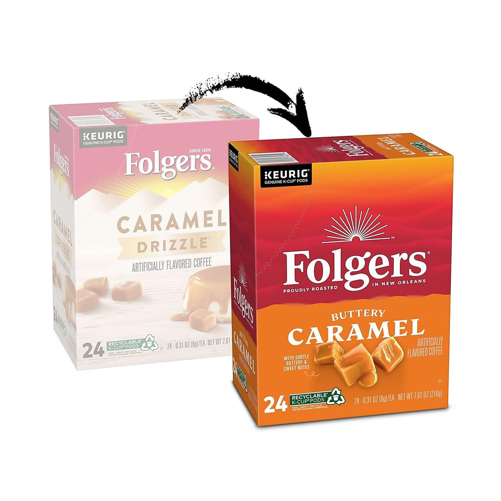 Folgers caramel coffee poured into mug highlighting smooth color and aroma