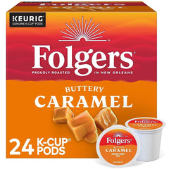 Folgers front packaging showing Caramel Drizzle flavor and convenient 24-count