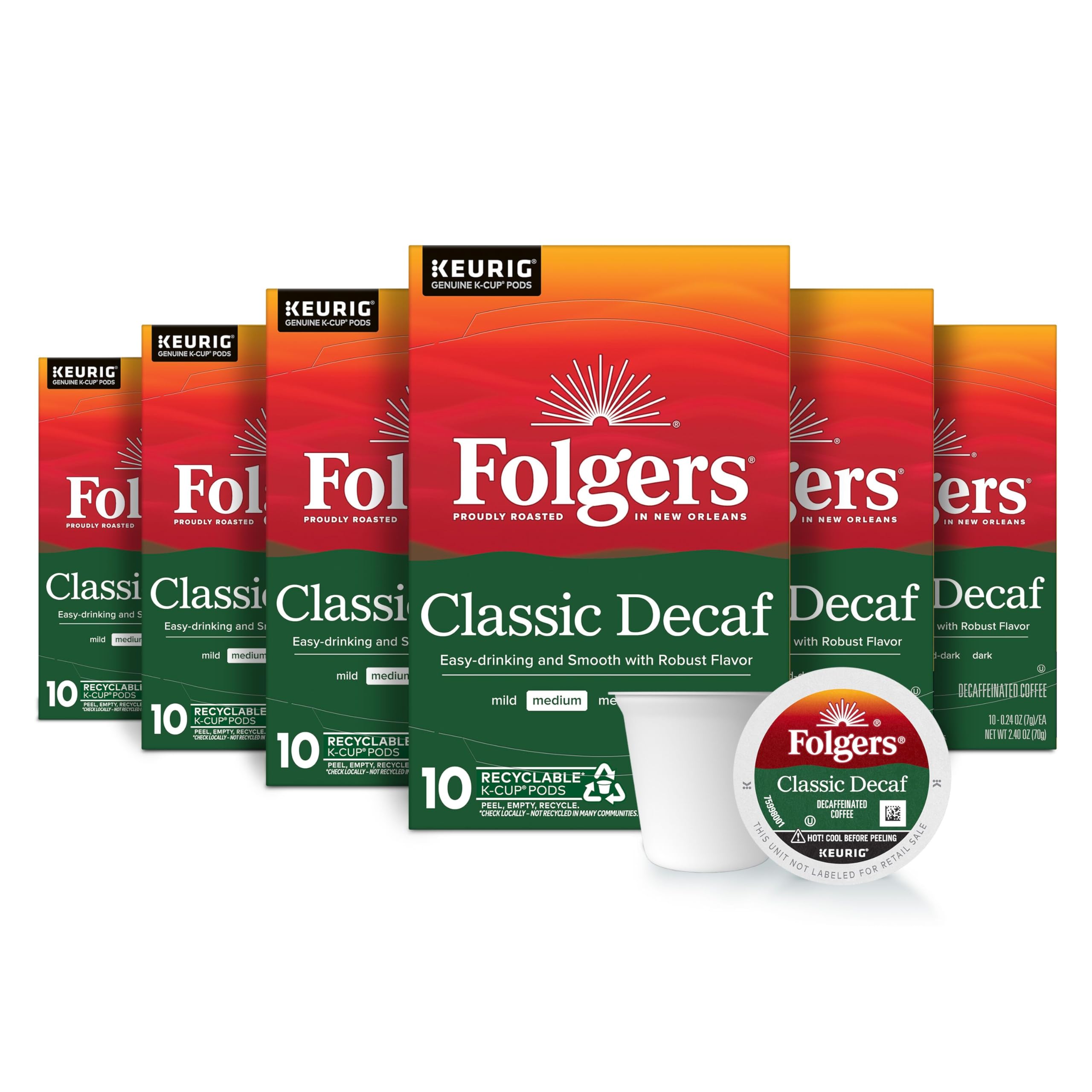 Folgers Classic decaf front box showing packaging and count benefits