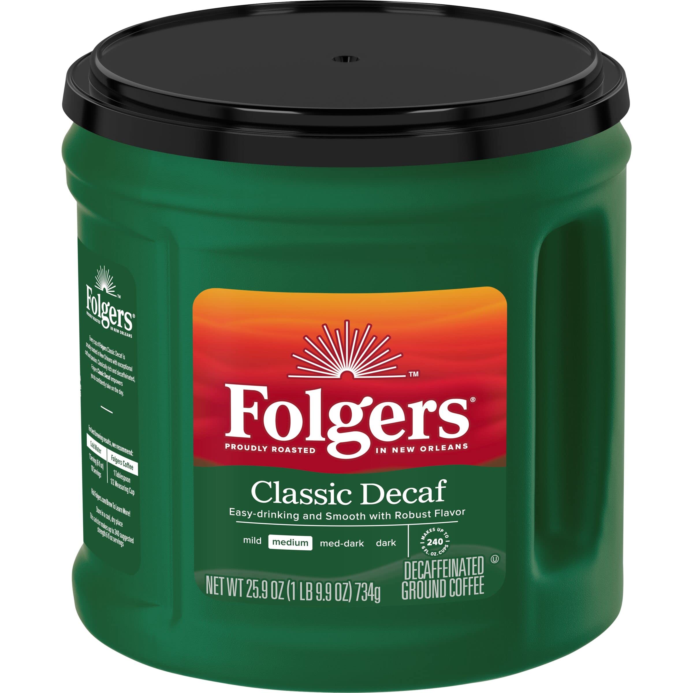 Folgers Classic Decaf front canister showing label and AromaSeal for long-lasting freshness