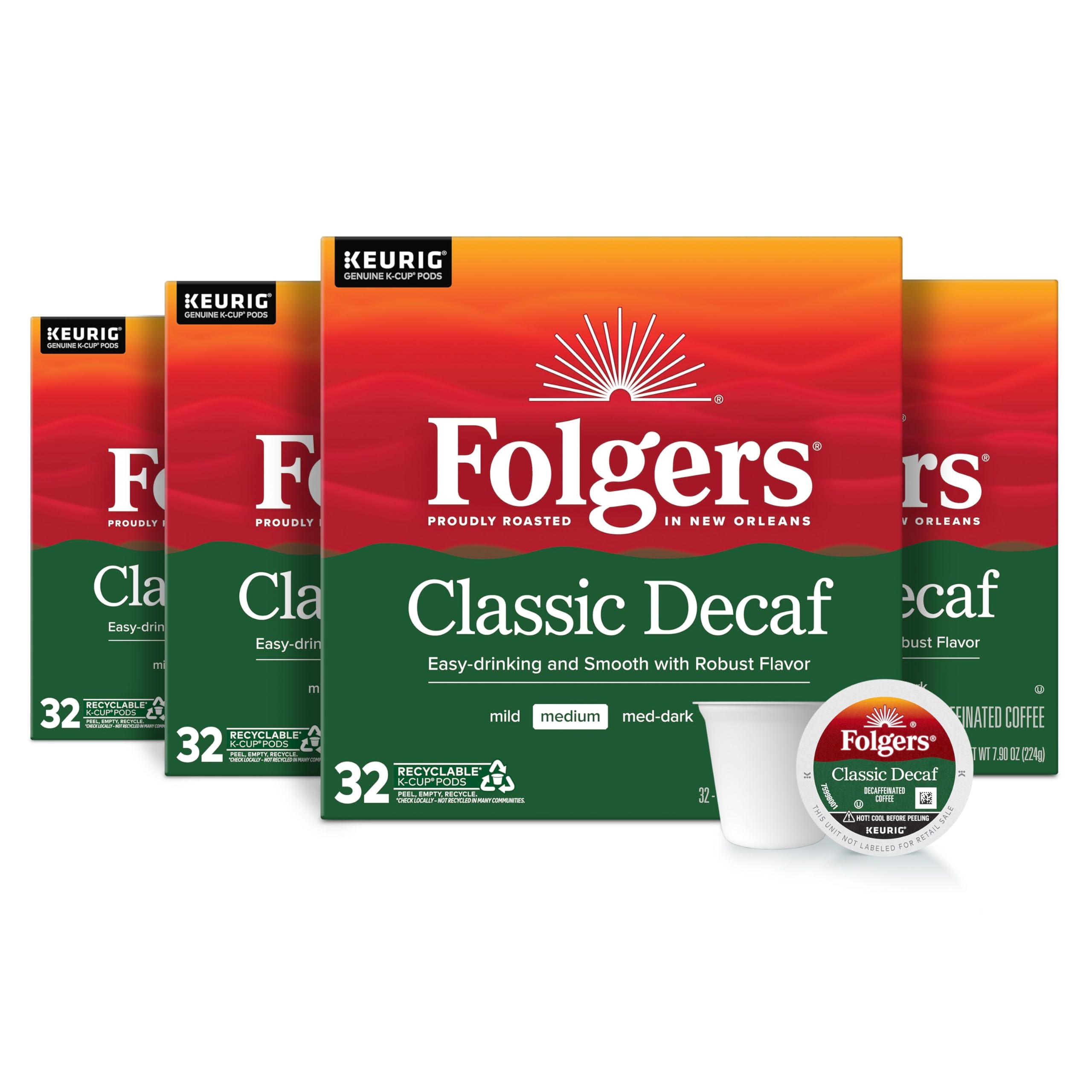 Folgers Classic Decaf front packaging showing medium roast pods and quantity benefit