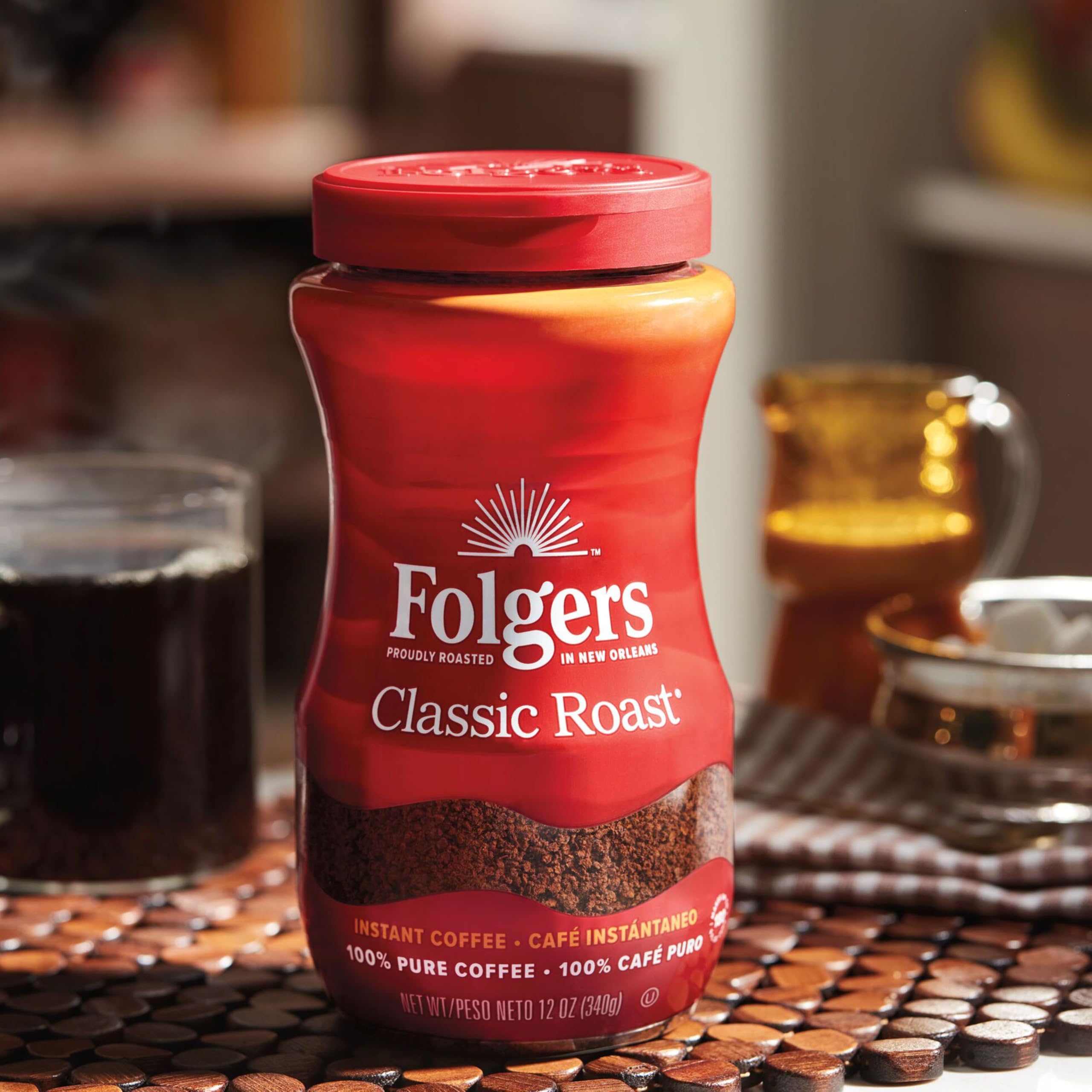 Office coffee station stocked with Folgers jars for convenient refills