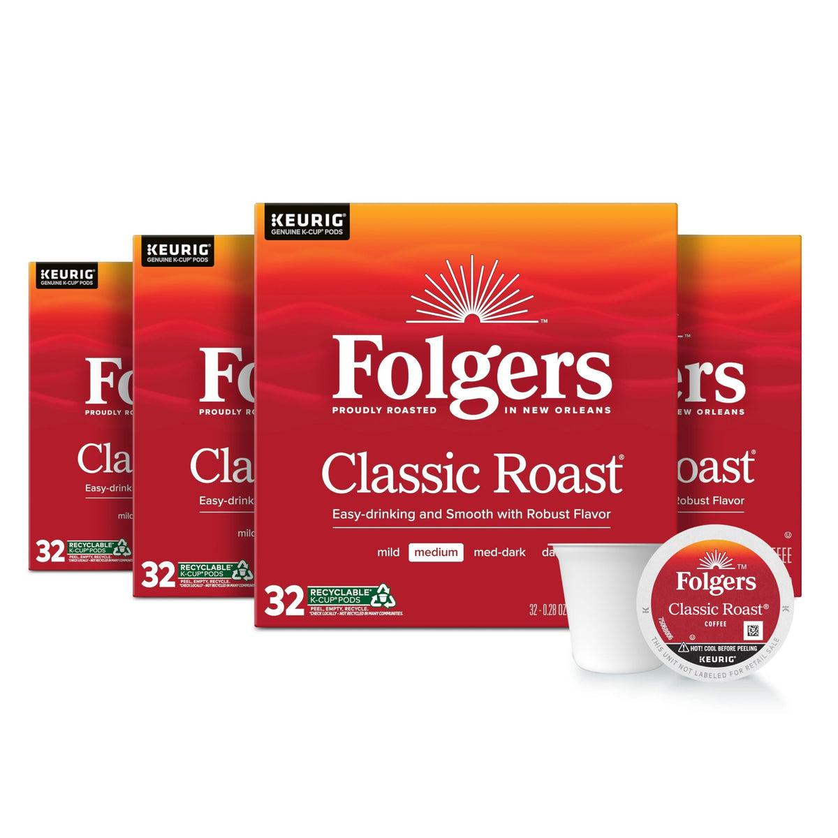 Folgers Classic Roast front packaging showing box and count, convenient supply