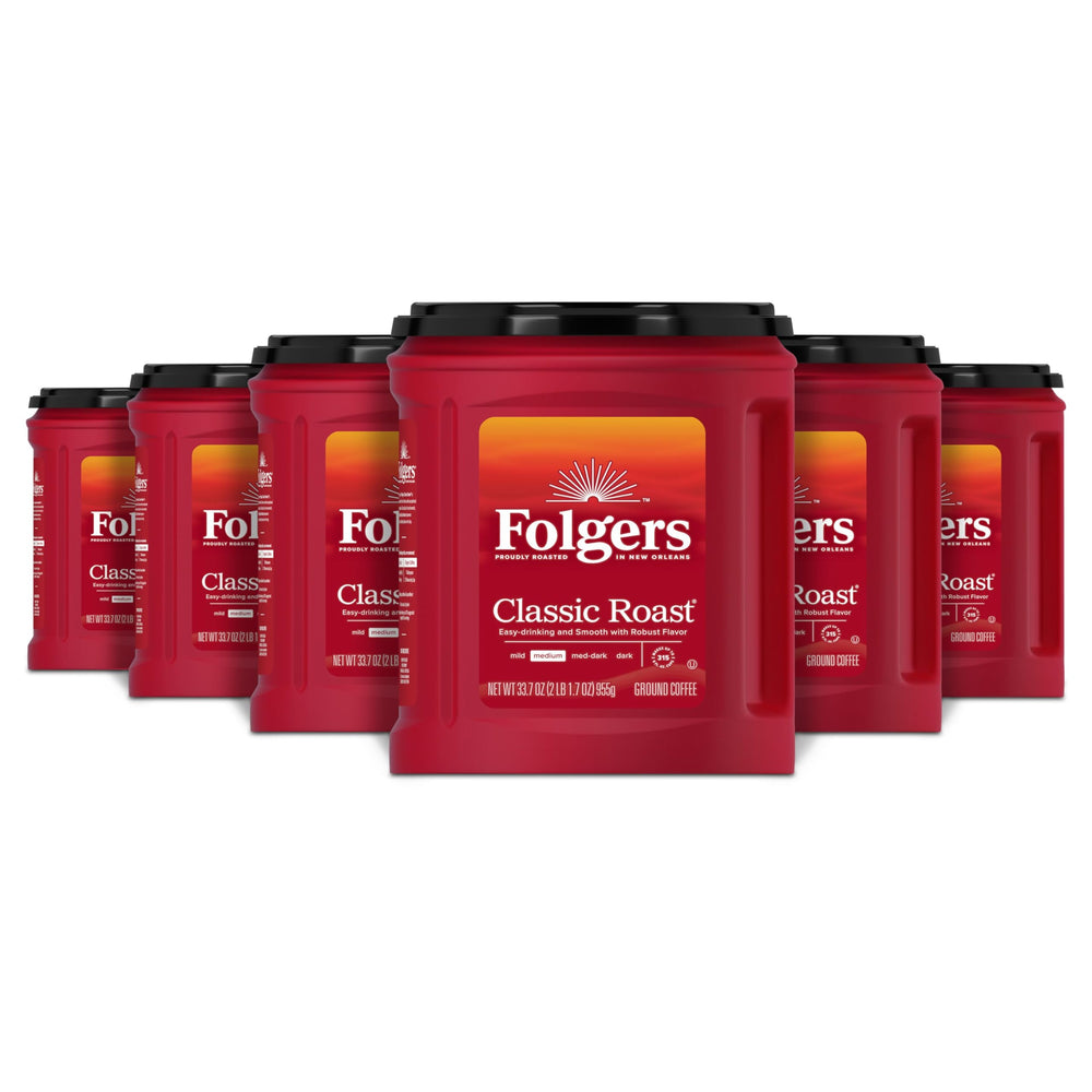 Folgers front packaging showing six canisters and clear branding benefit consistency