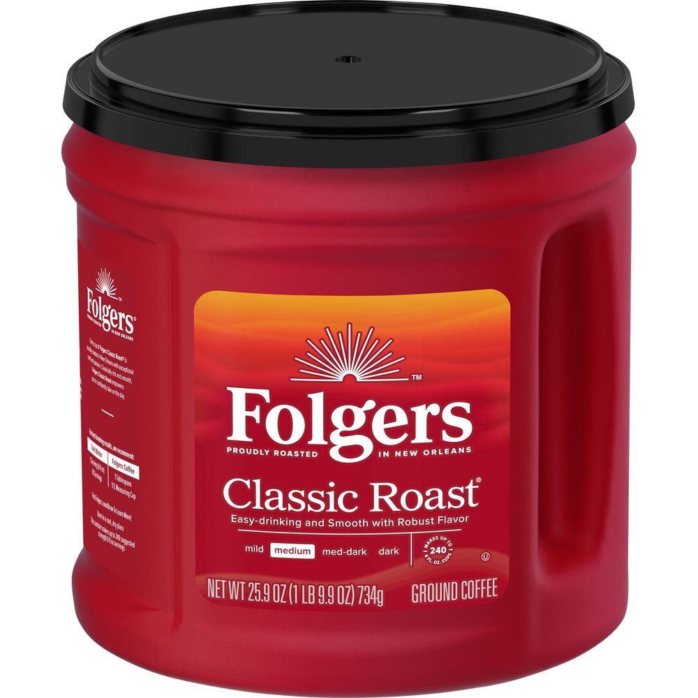 Folgers Classic Roast canister beside mug to show 25.9 oz scale and value