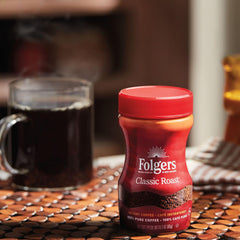 Cup poured from Folgers instant showing smooth medium-roast flavor