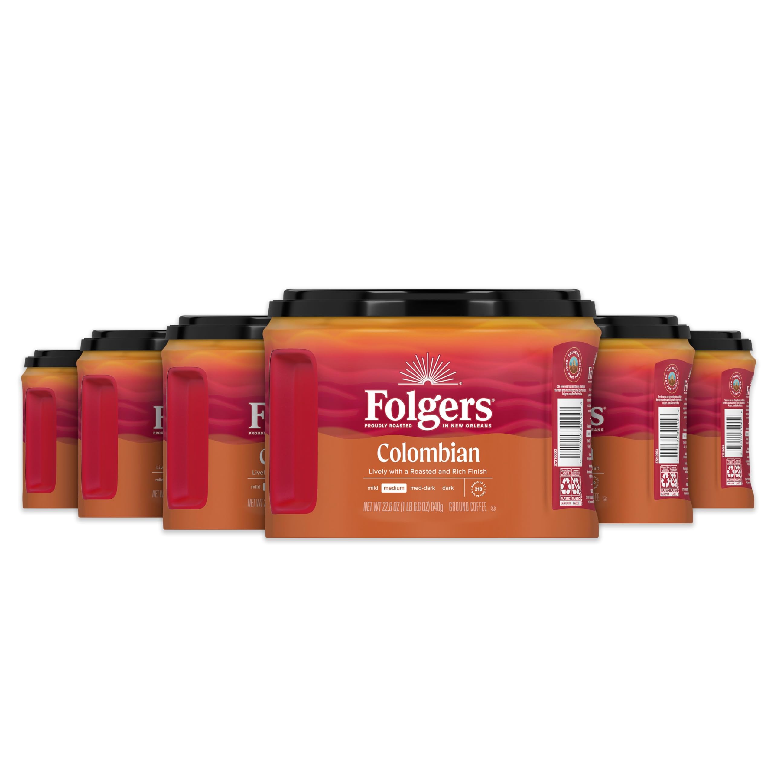 Folgers front canister showing label and canister benefit of easy storage